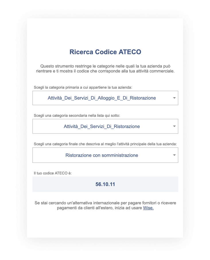 trovar codice ateco