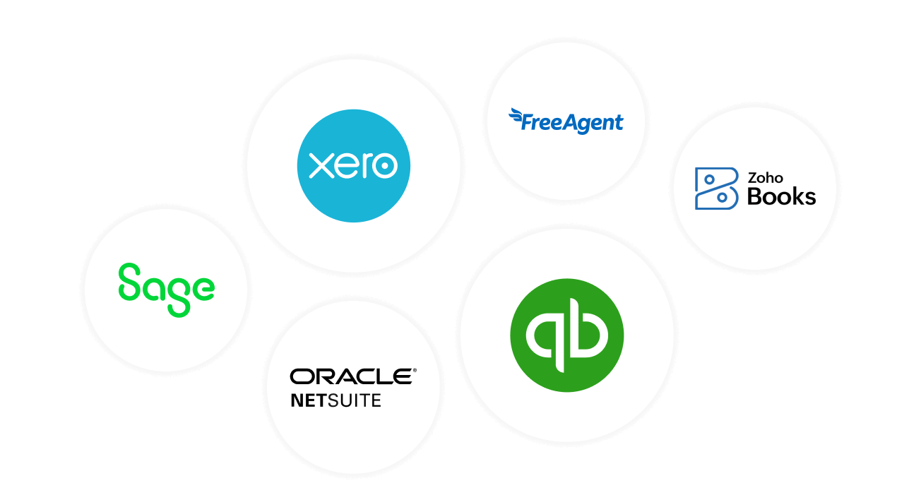 Logos für Oracle Netsuite, Quickbooks, Zoho Books, FreeAgent, Sage, Xero.