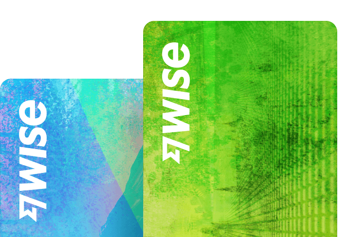 Zwei überlappende digitale Karten von Wise, eine in Blau und die andere in Grün. Jede Karte zeigt das Wise-Logo in weißer Schrift, vertikal ausgerichtet.